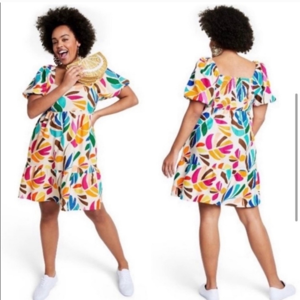 Tabitha Brown Smocked Floral Botanical Midi‎ Dress Size Large